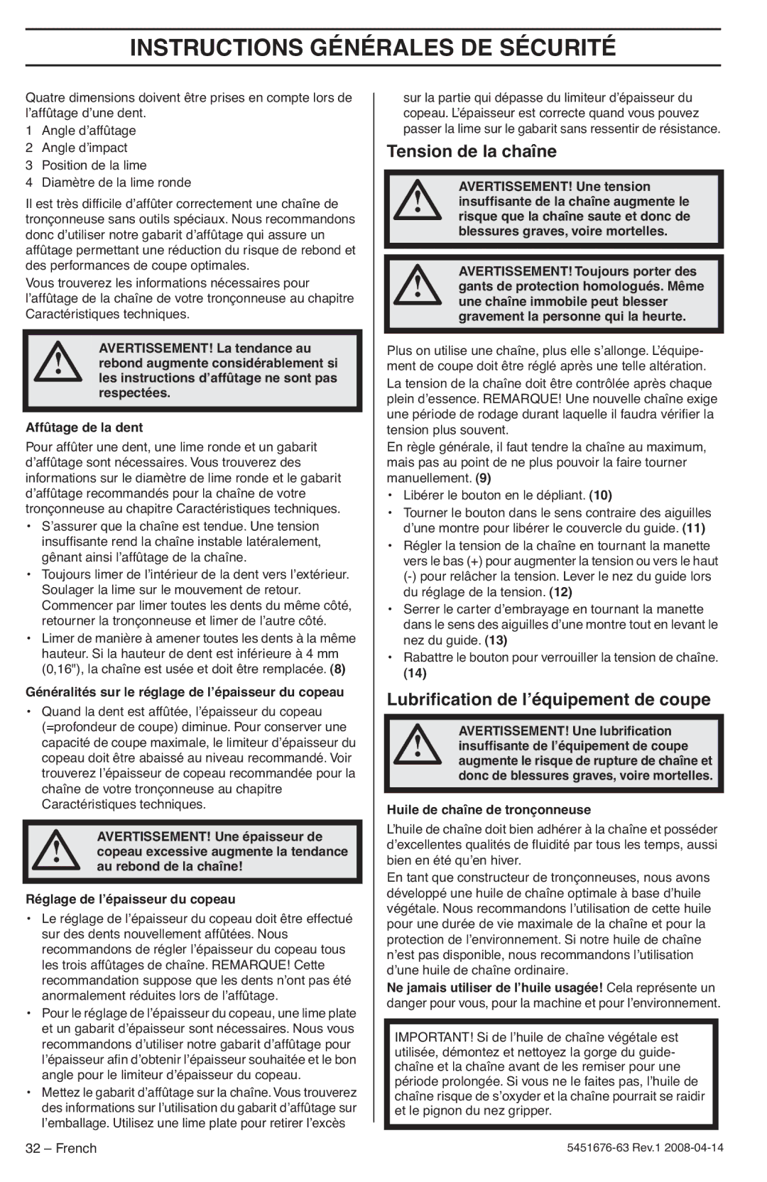 Husqvarna 235e, 240e manuel dutilisation Tension de la chaîne, Lubriﬁcation de l’équipement de coupe 