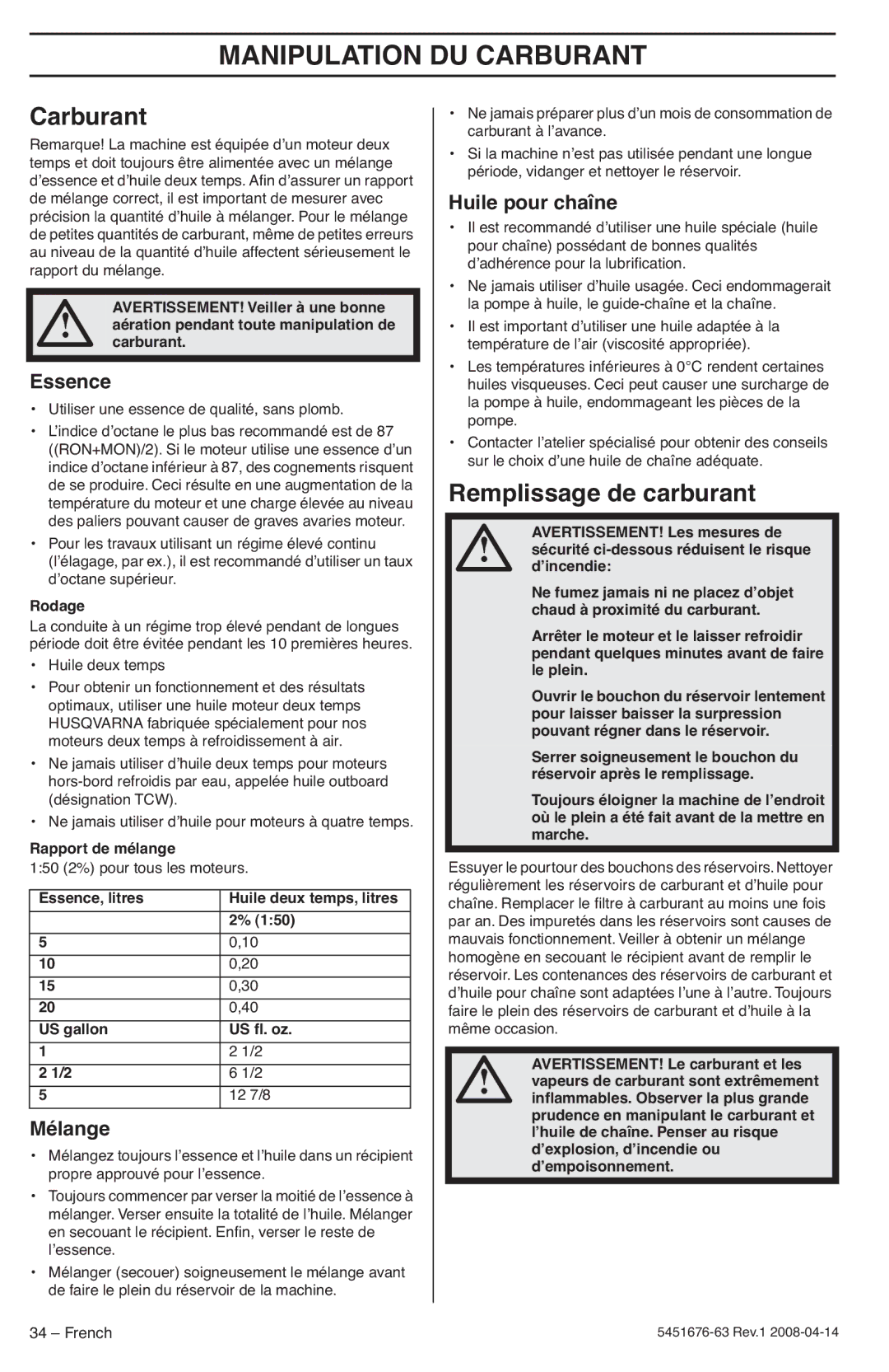 Husqvarna 235e, 240e manuel dutilisation Manipulation DU Carburant, Remplissage de carburant 