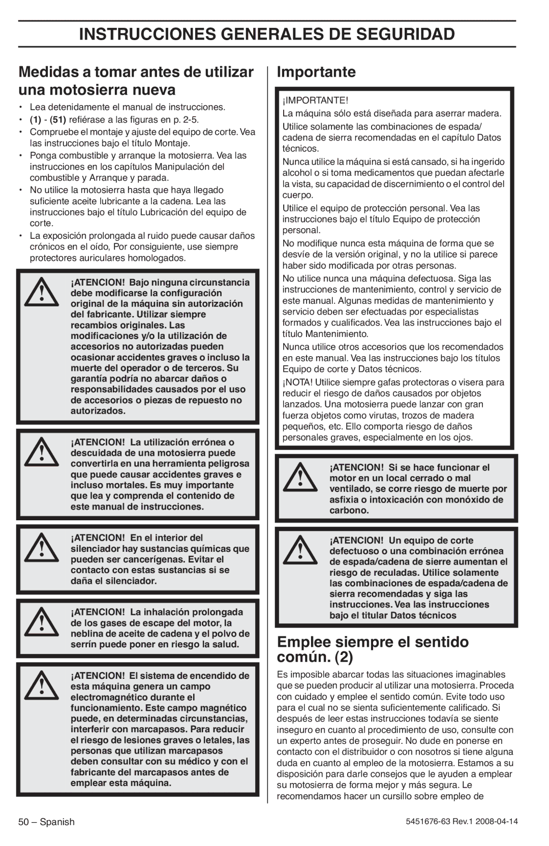 Husqvarna 235e Instrucciones Generales DE Seguridad, Medidas a tomar antes de utilizar una motosierra nueva, Importante 