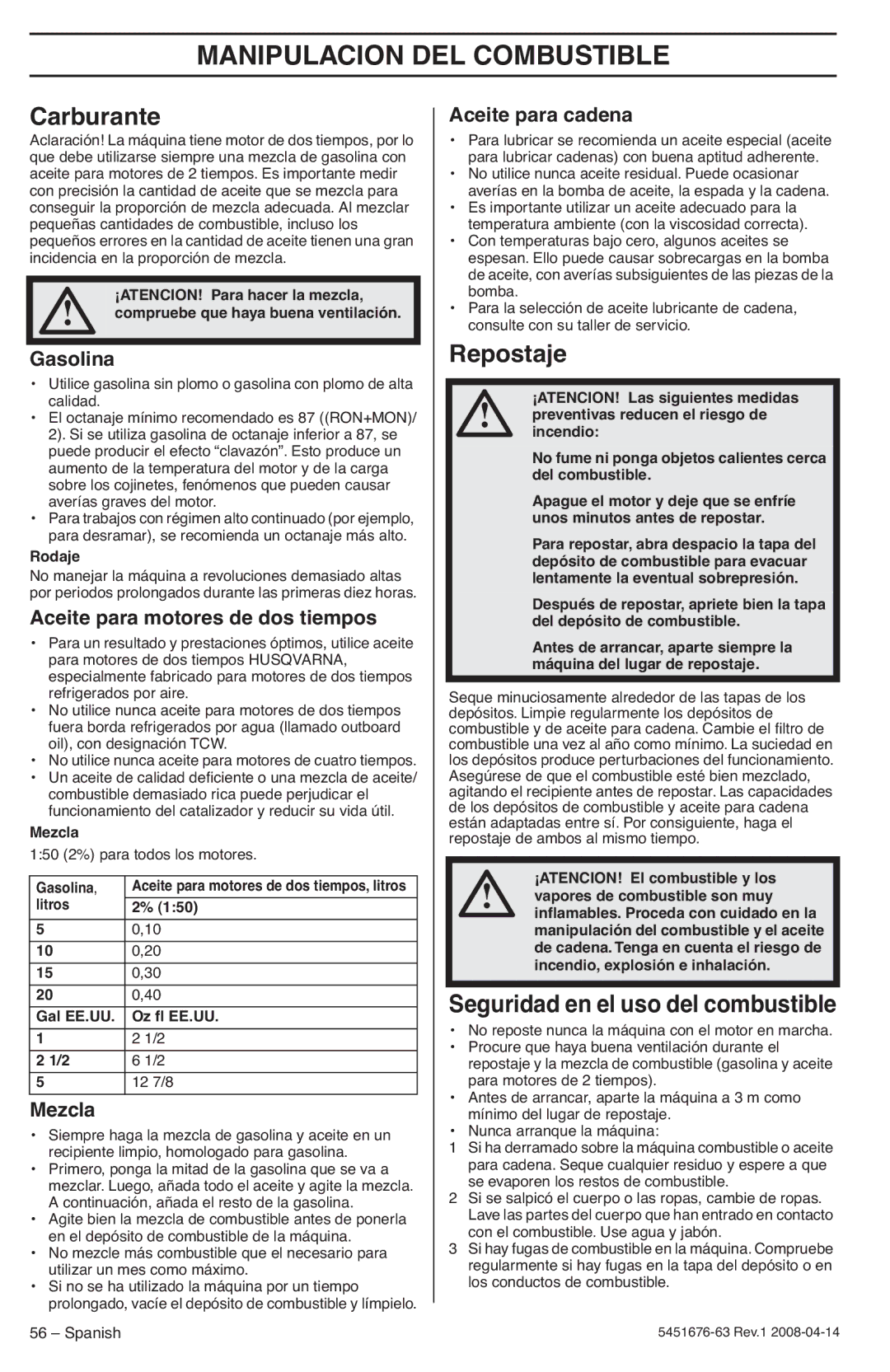 Husqvarna 235e, 240e Manipulacion DEL Combustible, Carburante, Repostaje, Seguridad en el uso del combustible 