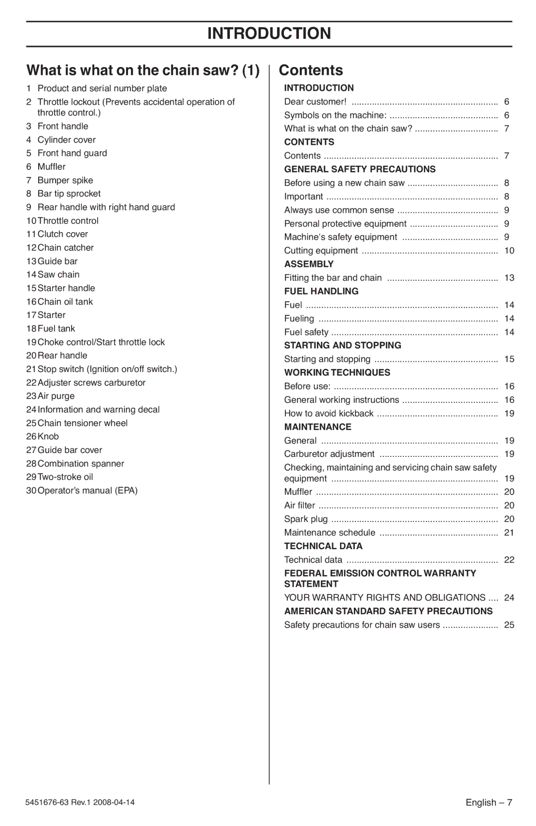 Husqvarna 240e, 235e manuel dutilisation What is what on the chain saw? Contents 