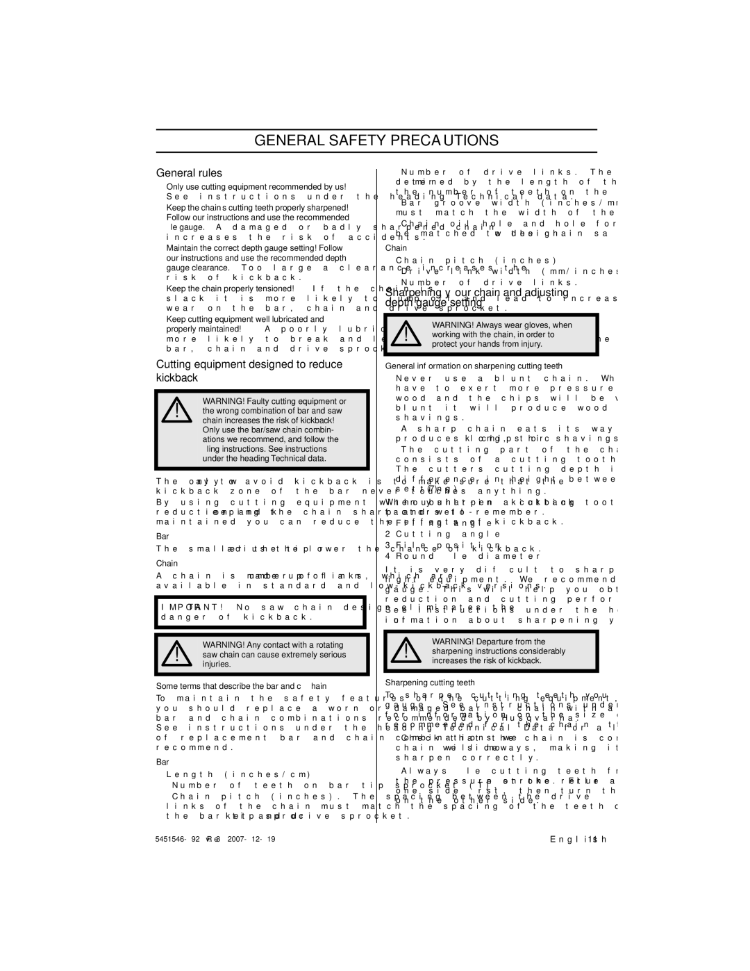 Husqvarna 240e, 235e manuel dutilisation General rules, Cutting equipment designed to reduce kickback, Bar, Chain 
