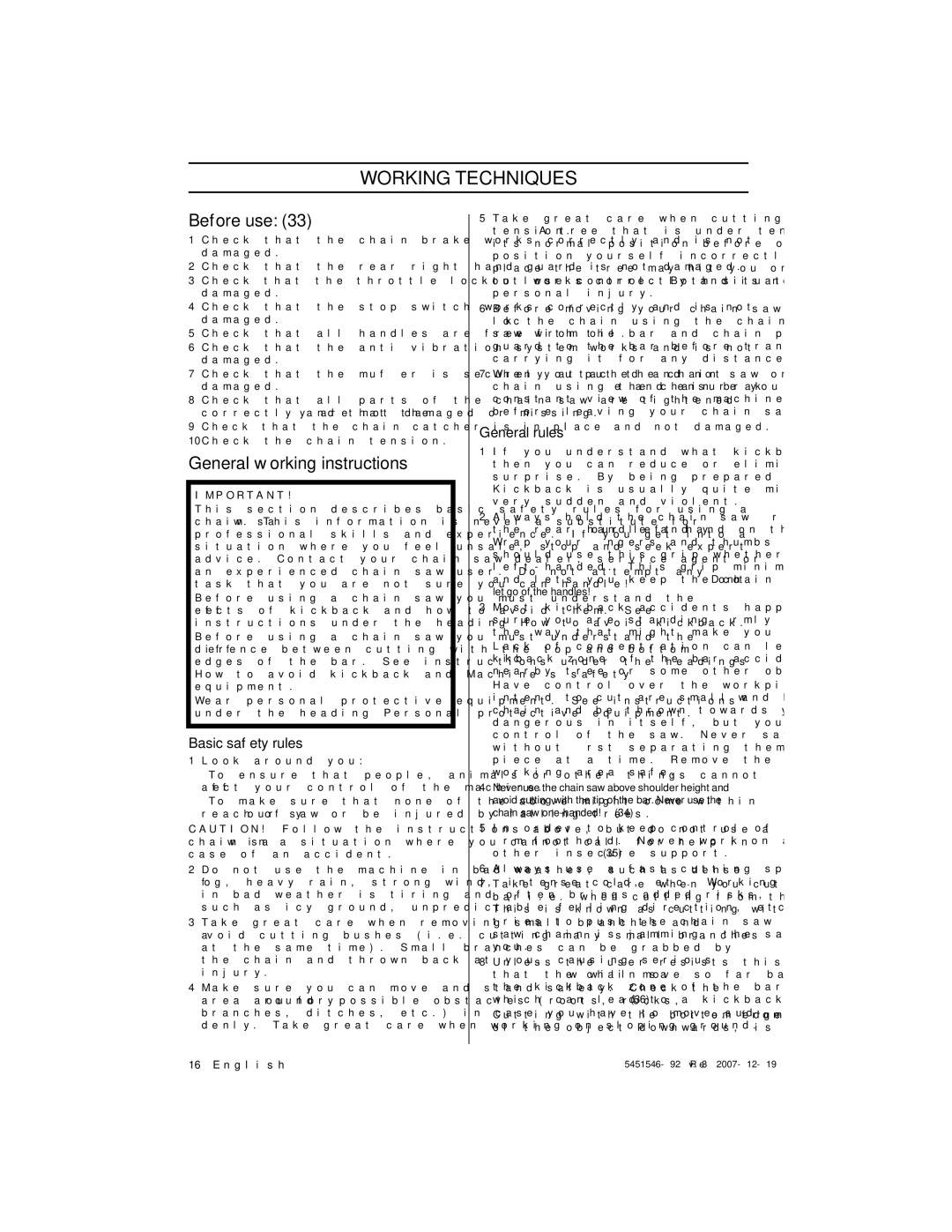 Husqvarna 235e, 240e manuel dutilisation Working Techniques, Before use, General working instructions, Basic safety rules 