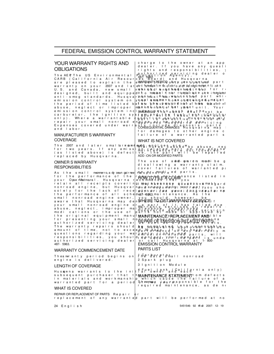 Husqvarna 235e, 240e manuel dutilisation Federal Emission Control Warranty Statement, Your Warranty Rights and Obligations 