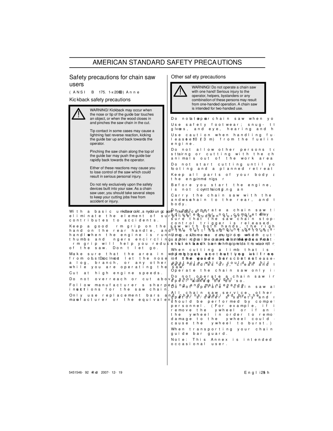 Husqvarna 240e American Standard Safety Precautions, Safety precautions for chain saw users, Kickback safety precautions 