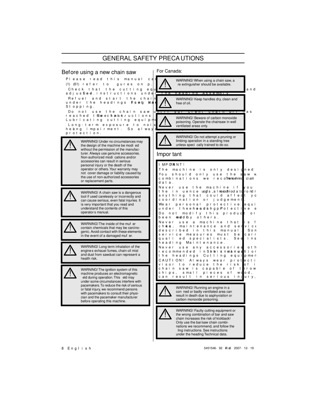 Husqvarna 235e, 240e manuel dutilisation General Safety Precautions, Before using a new chain saw, For Canada 