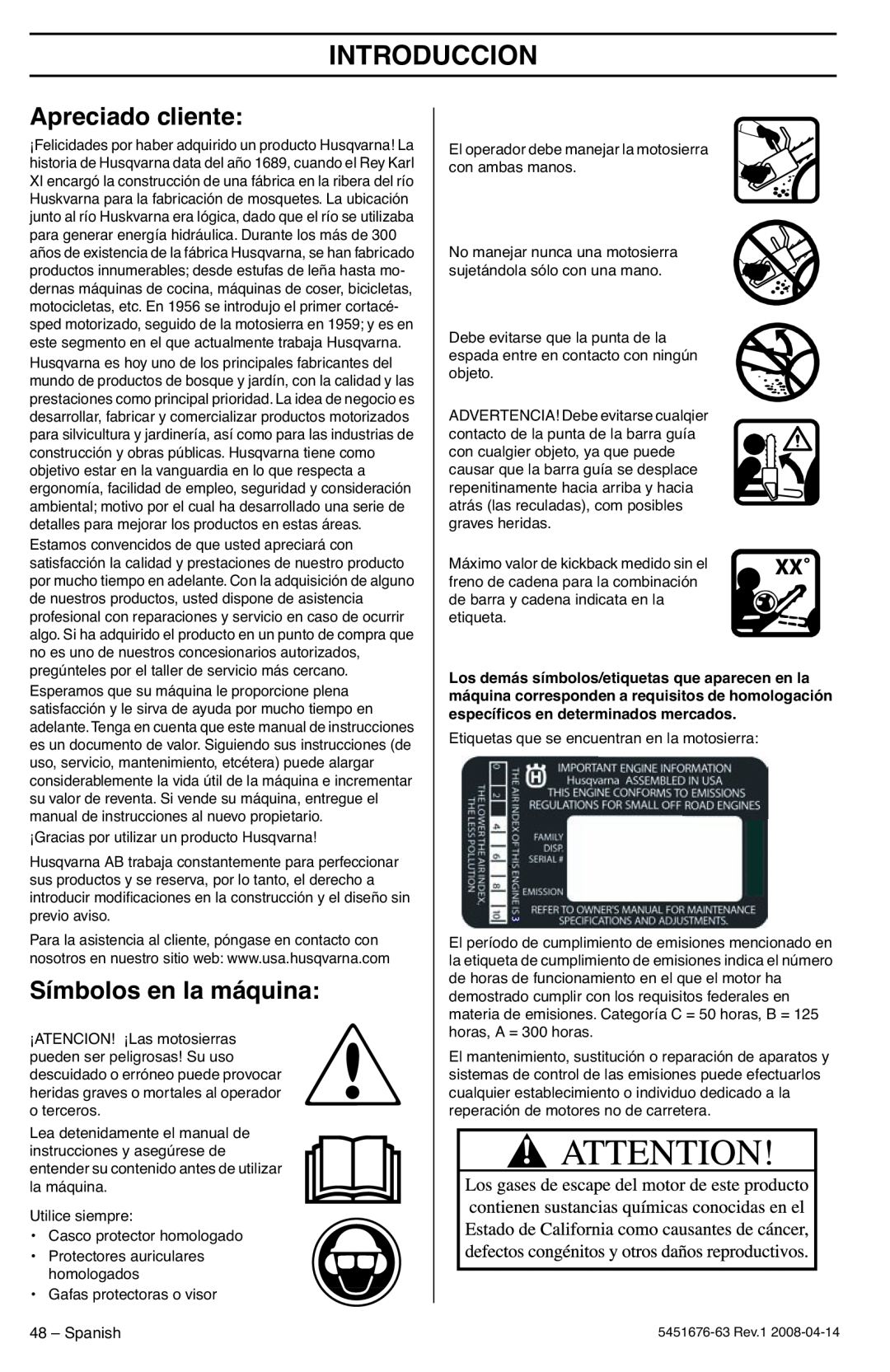 Husqvarna 235e, 240e manuel dutilisation Introduccion, Apreciado cliente, Símbolos en la máquina 