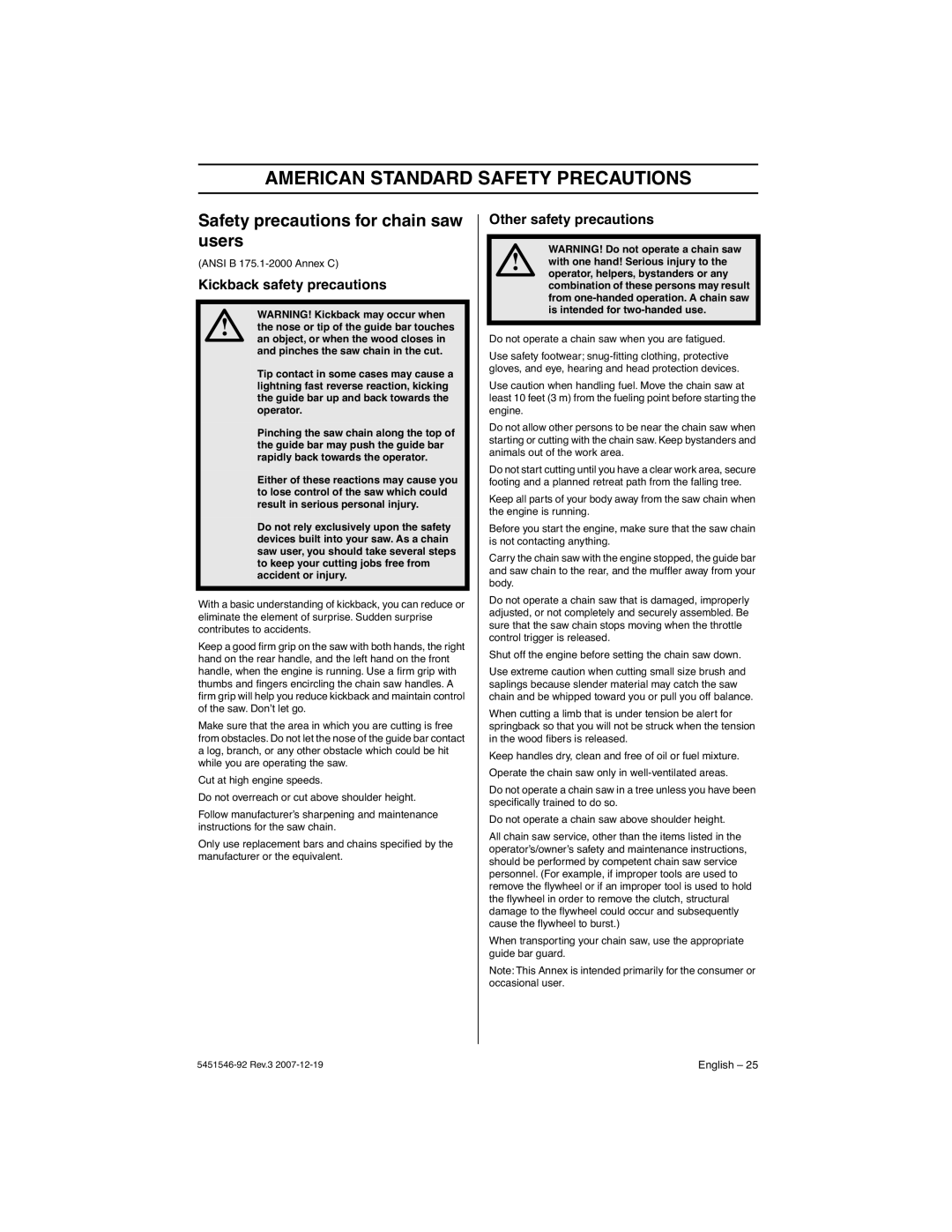 Husqvarna 240e American Standard Safety Precautions, Safety precautions for chain saw users, Kickback safety precautions 