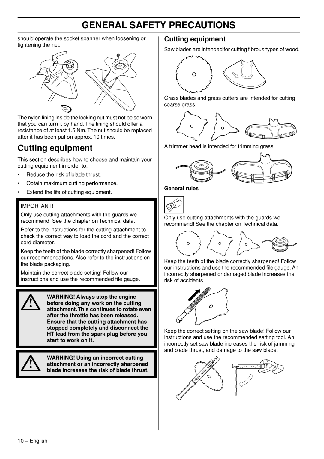 Husqvarna 235F manual Cutting equipment, General rules 