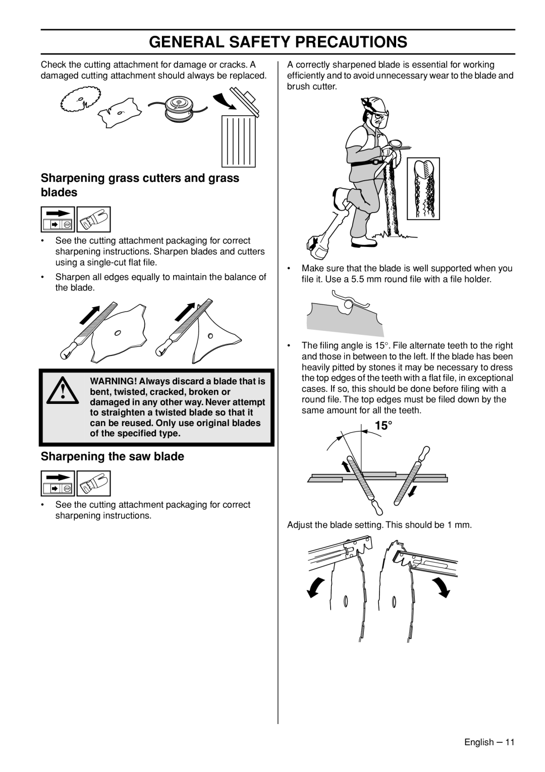 Husqvarna 235F manual Sharpening grass cutters and grass blades, Sharpening the saw blade 