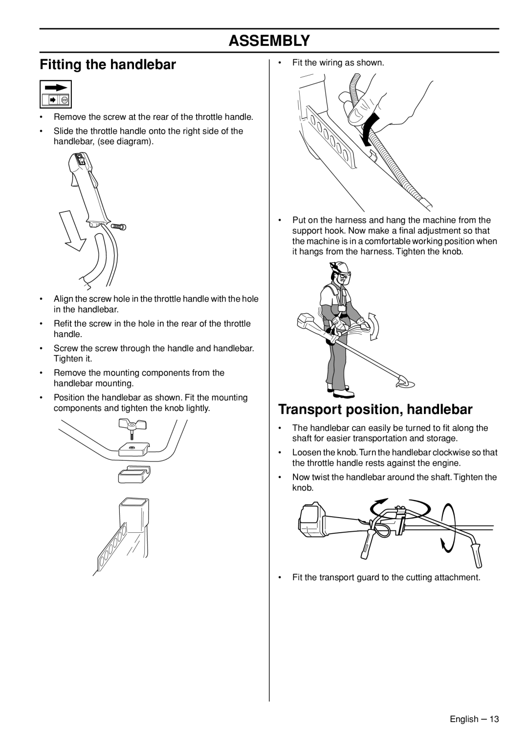 Husqvarna 235F manual Assembly, Fitting the handlebar, Transport position, handlebar 