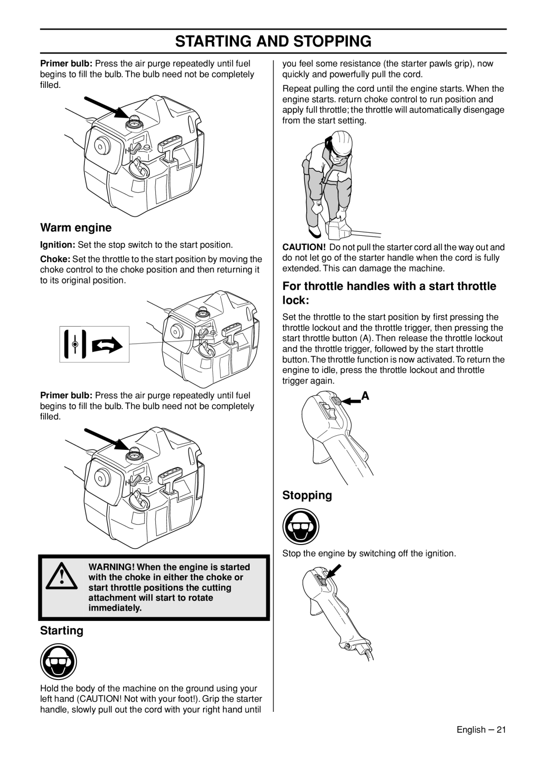 Husqvarna 235F manual Warm engine, Starting, For throttle handles with a start throttle lock, Stopping 