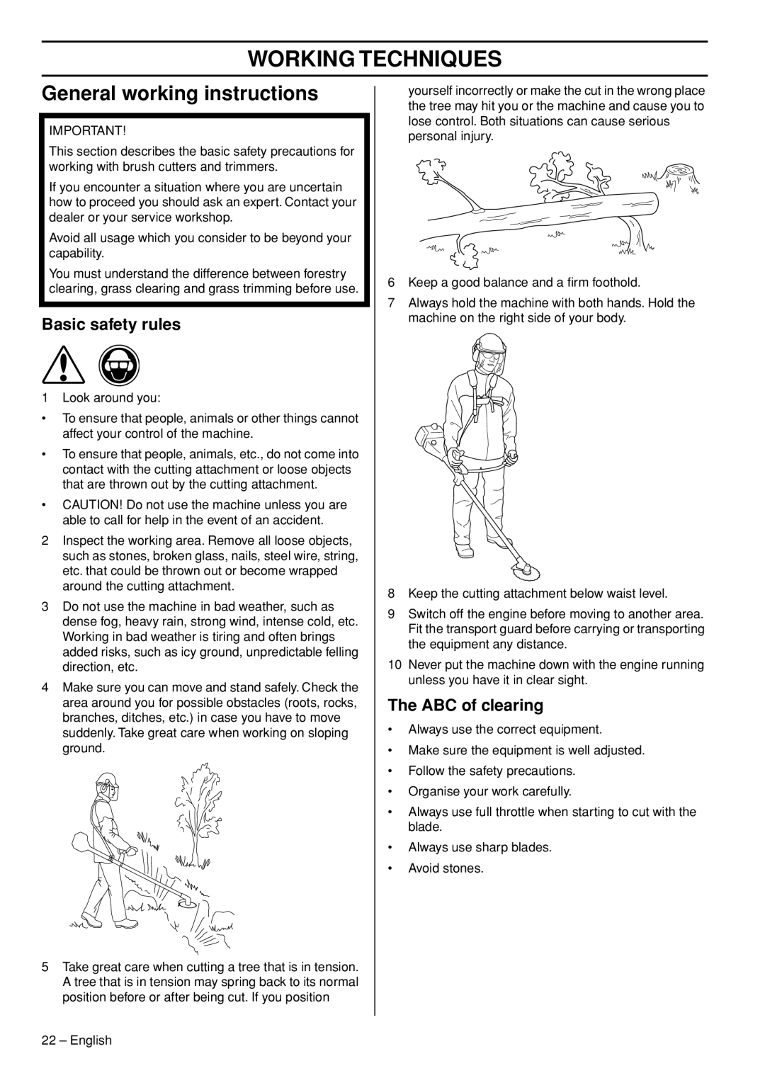 Husqvarna 235F manual Working Techniques, General working instructions, Basic safety rules, ABC of clearing 