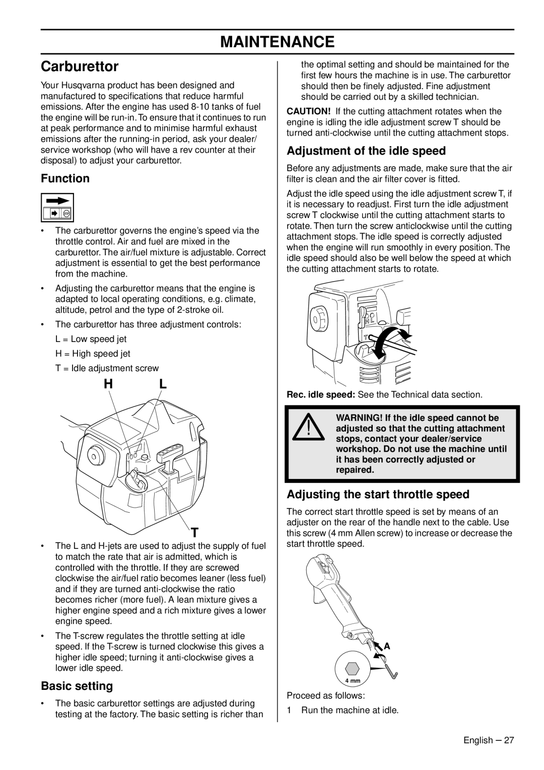 Husqvarna 235F manual Maintenance, Carburettor 