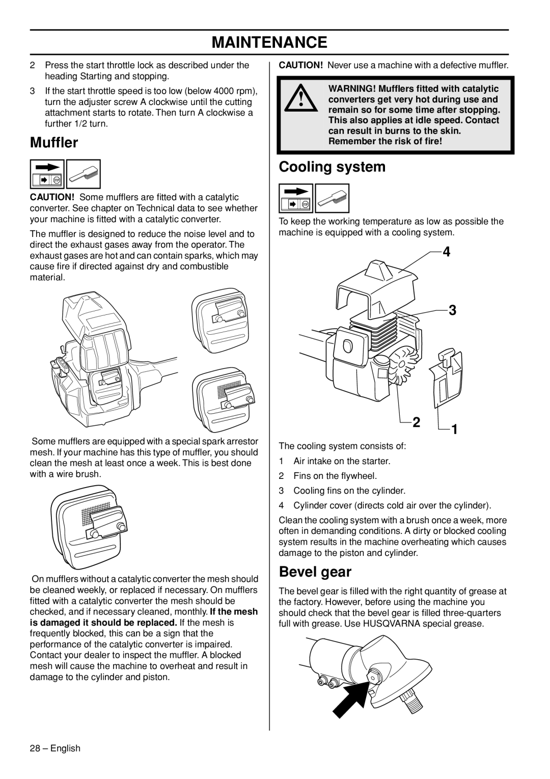 Husqvarna 235F manual Mufﬂer, Cooling system, Bevel gear 