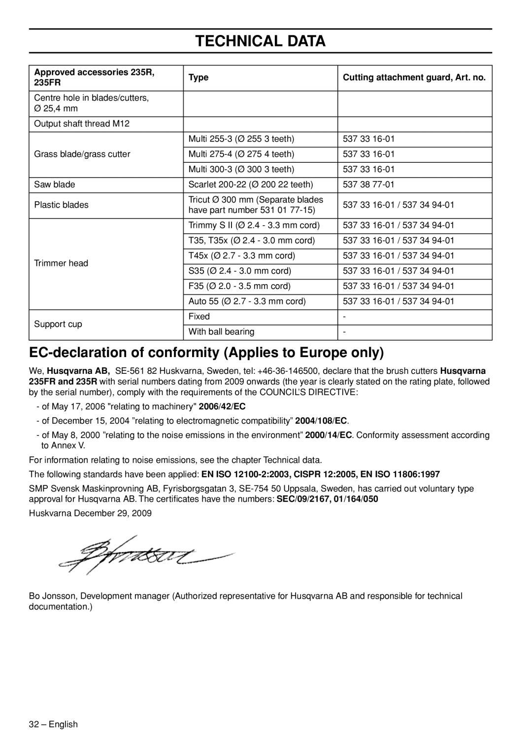 Husqvarna 235F manual EC-declaration of conformity Applies to Europe only 