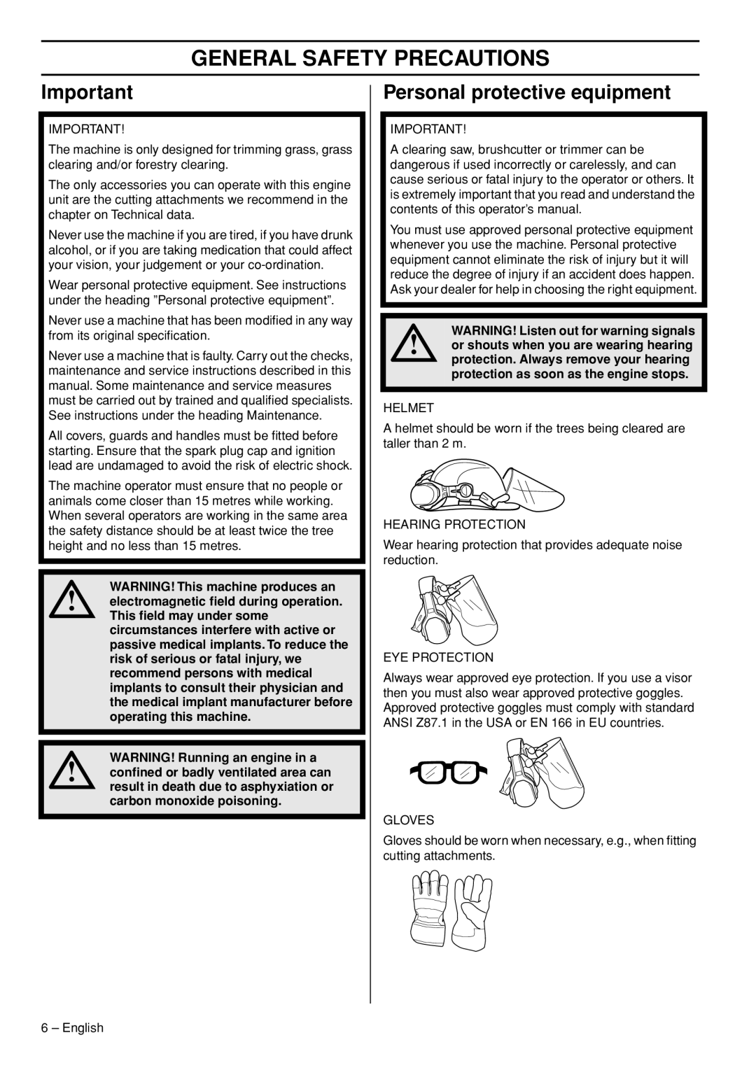 Husqvarna 235F manual General Safety Precautions, Personal protective equipment 