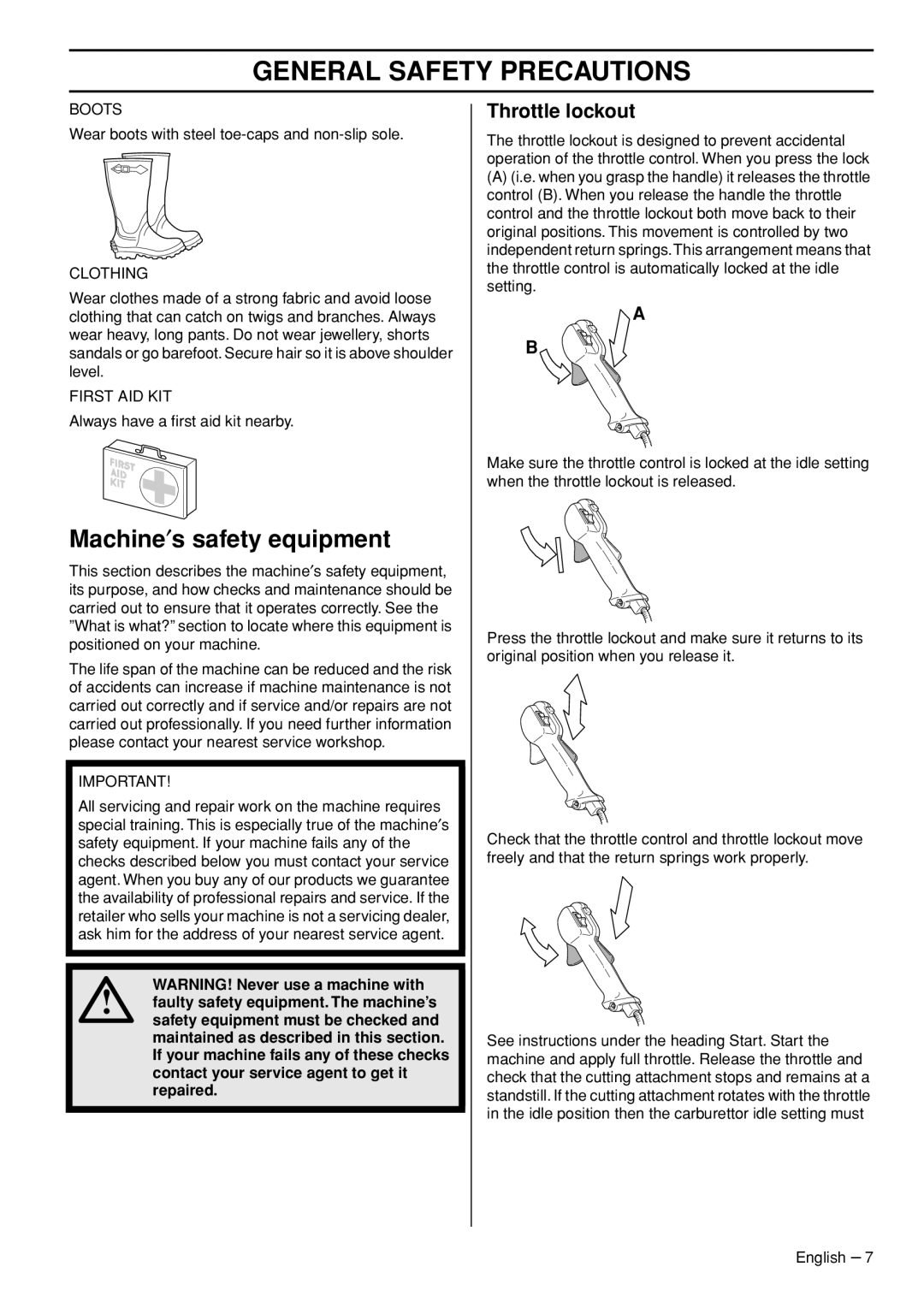 Husqvarna 235F manual Machine′s safety equipment, Throttle lockout 