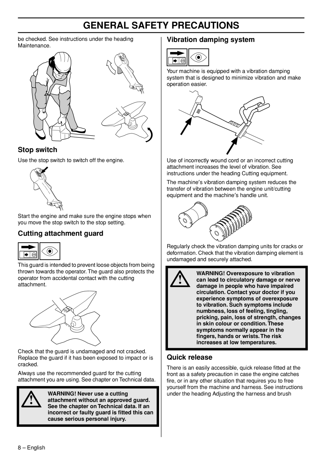 Husqvarna 235F manual Stop switch, Cutting attachment guard, Vibration damping system, Quick release 