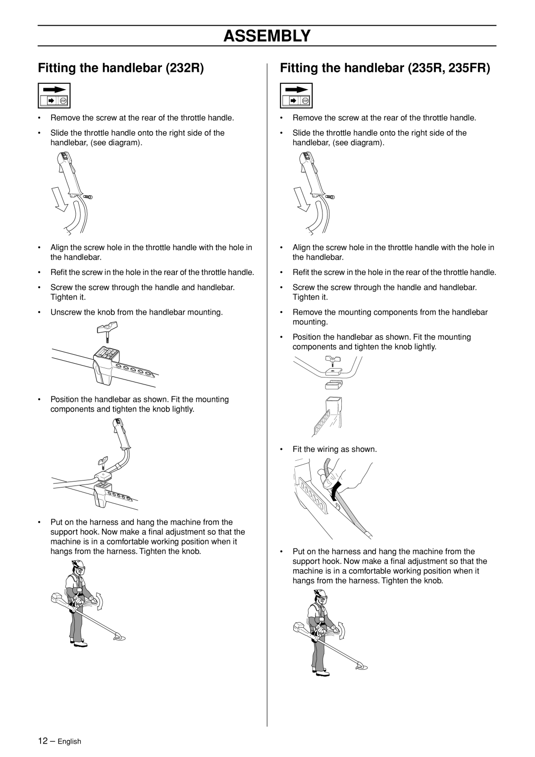 Husqvarna manual Assembly, Fitting the handlebar 232R, Fitting the handlebar 235R, 235FR 