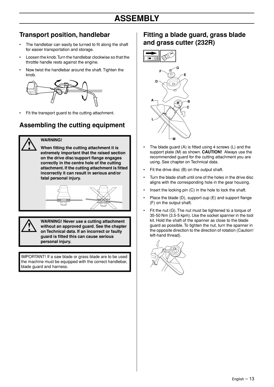 Husqvarna 235FR manual Transport position, handlebar, Assembling the cutting equipment 