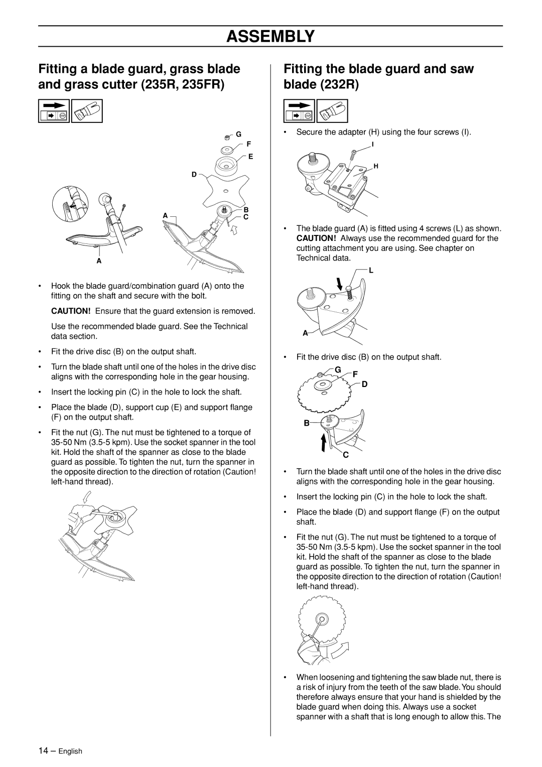 Husqvarna 235FR manual Fitting the blade guard and saw blade 232R 