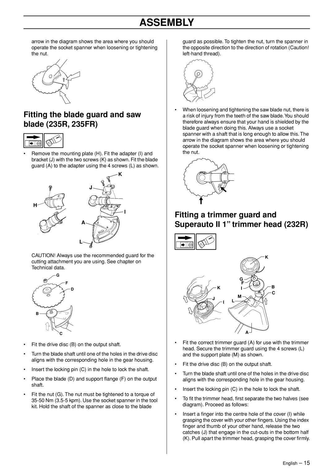 Husqvarna manual Fitting the blade guard and saw blade 235R, 235FR 