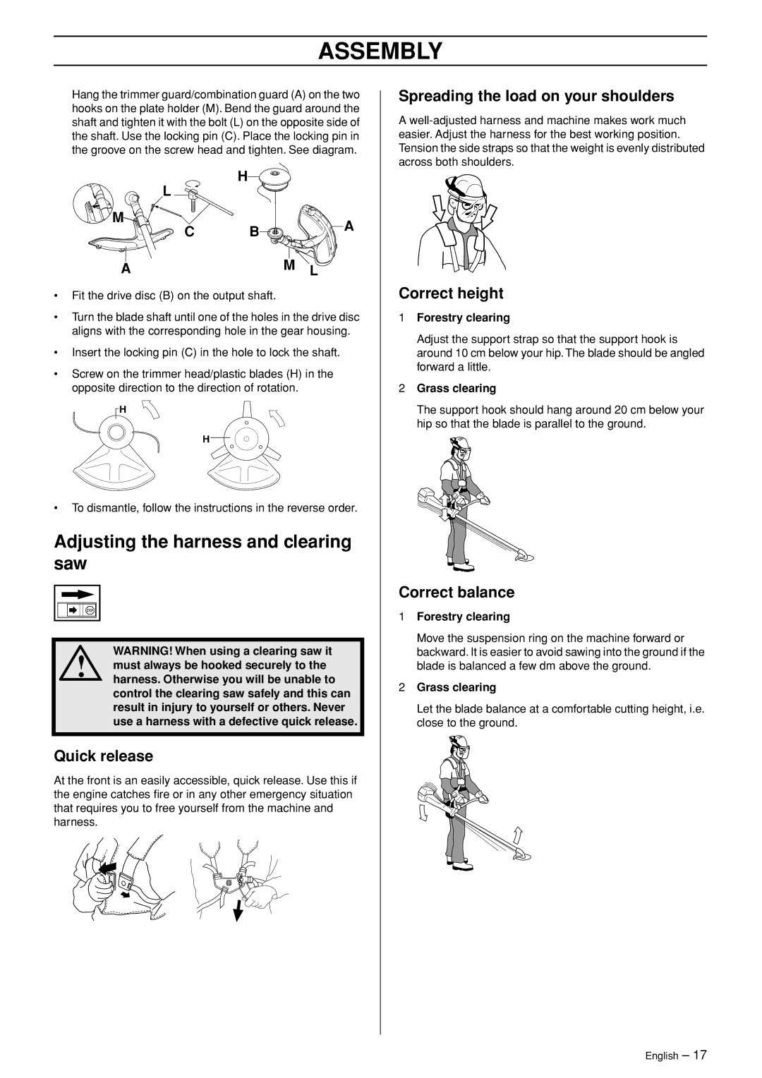 Husqvarna 235FR manual Adjusting the harness and clearing saw, Spreading the load on your shoulders, Correct height 