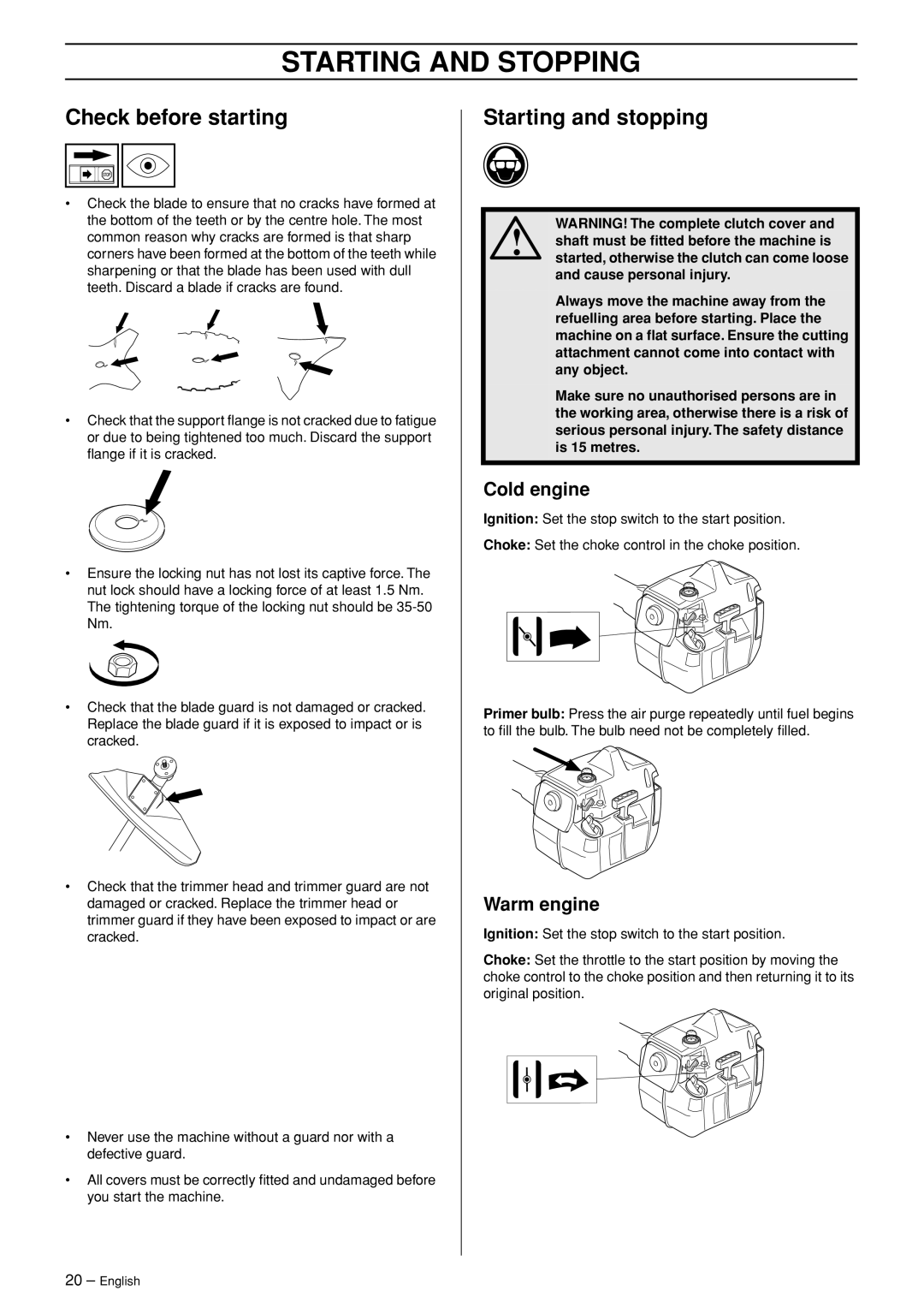 Husqvarna 235FR manual Starting and Stopping, Check before starting, Starting and stopping, Cold engine, Warm engine 