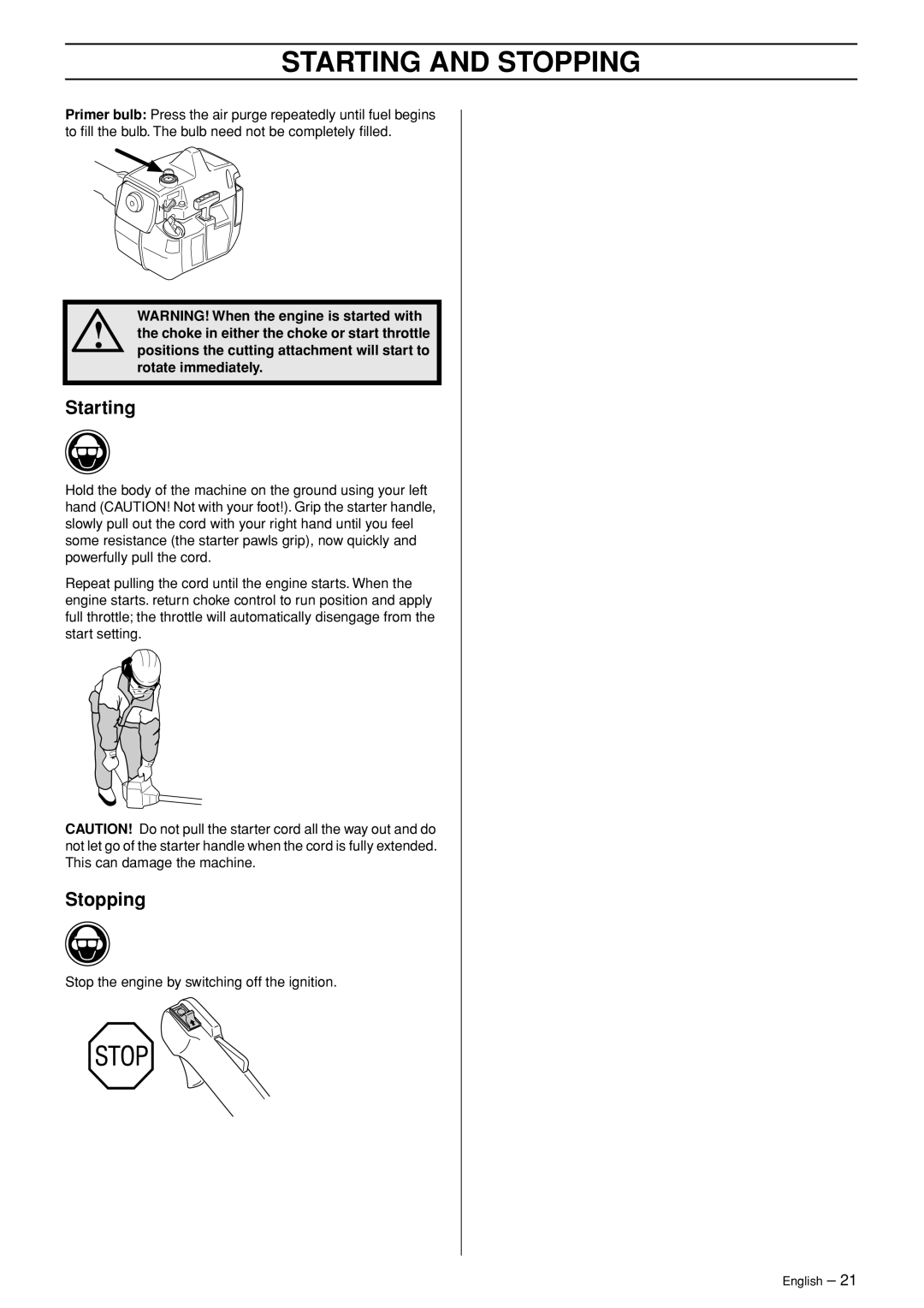 Husqvarna 235FR manual Starting, Stopping 