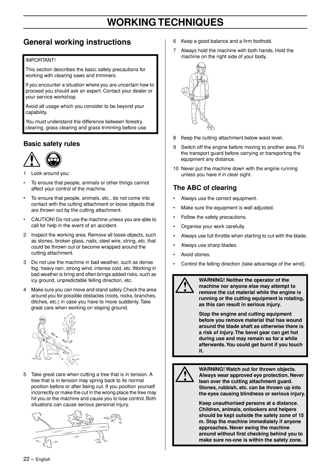 Husqvarna 235FR manual Working Techniques, General working instructions, Basic safety rules, ABC of clearing 