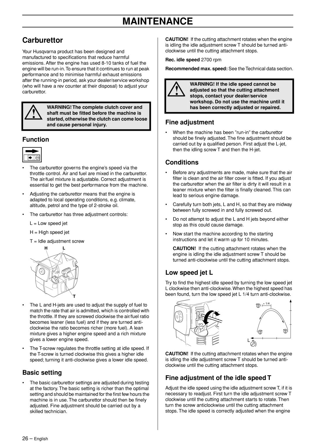 Husqvarna 235FR manual Maintenance, Carburettor 