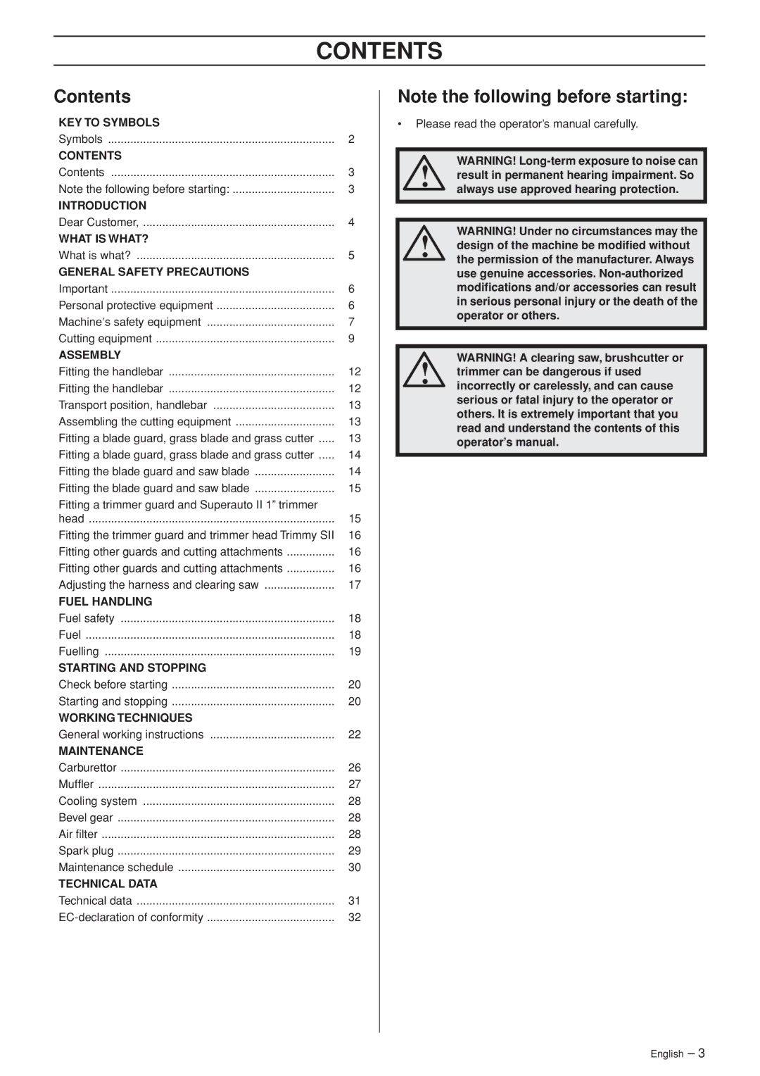 Husqvarna 235FR manual Contents 