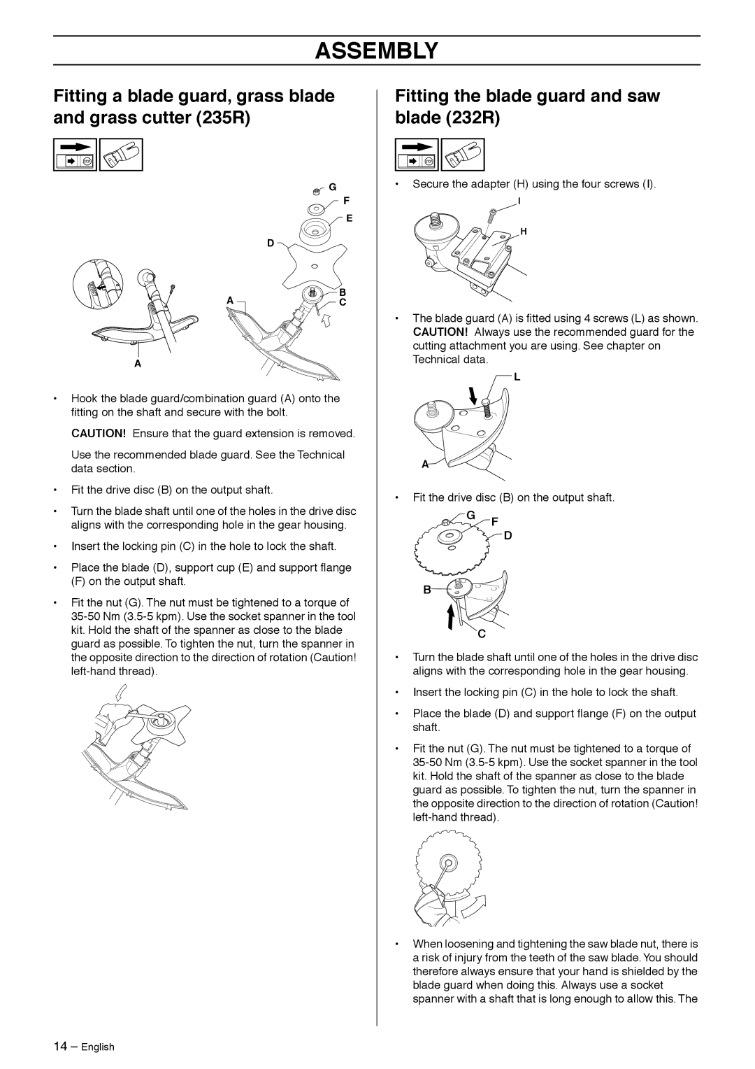 Husqvarna manual Fitting a blade guard, grass blade and grass cutter 235R, Fitting the blade guard and saw blade 232R 