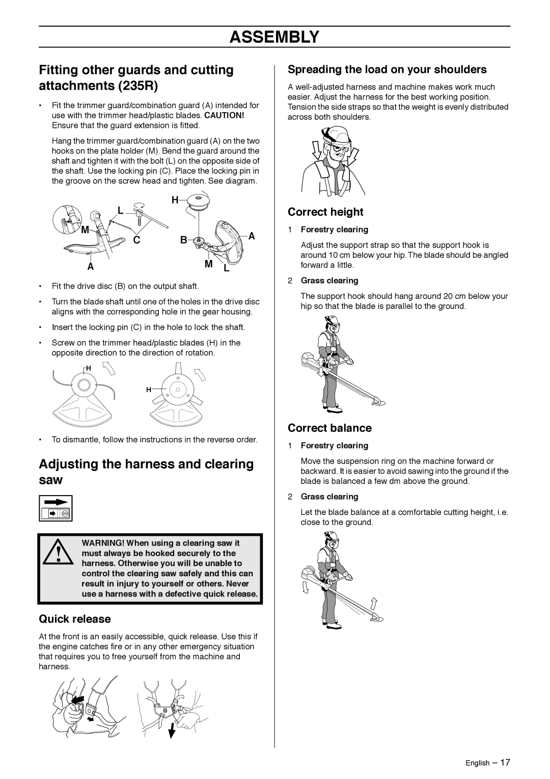 Husqvarna Fitting other guards and cutting attachments 235R, Adjusting the harness and clearing saw, Correct height 