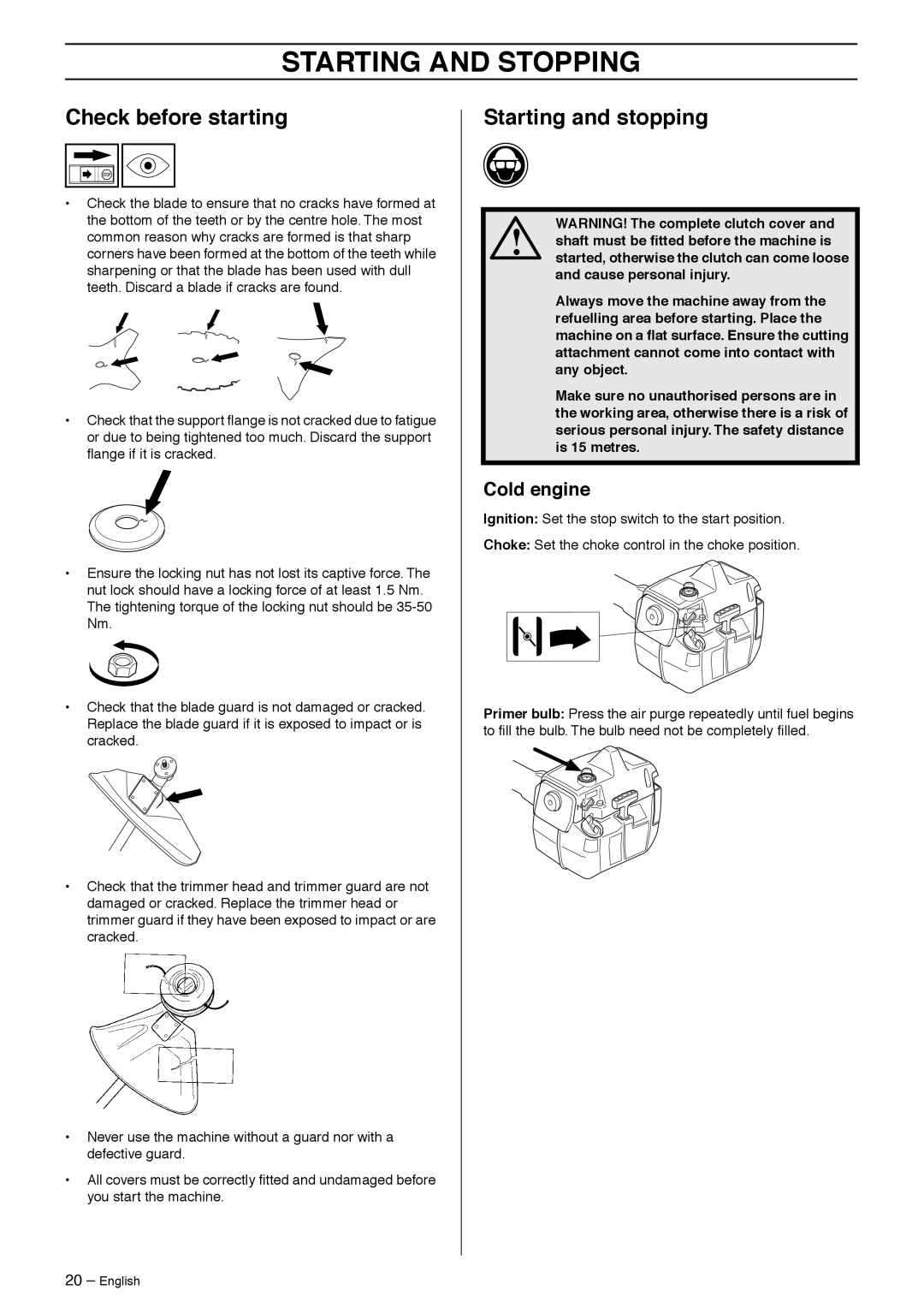 Husqvarna 235R manual Starting and Stopping, Check before starting, Starting and stopping, Cold engine 