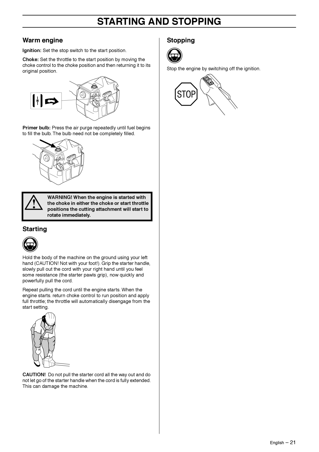 Husqvarna 235R manual Warm engine, Starting, Stopping 