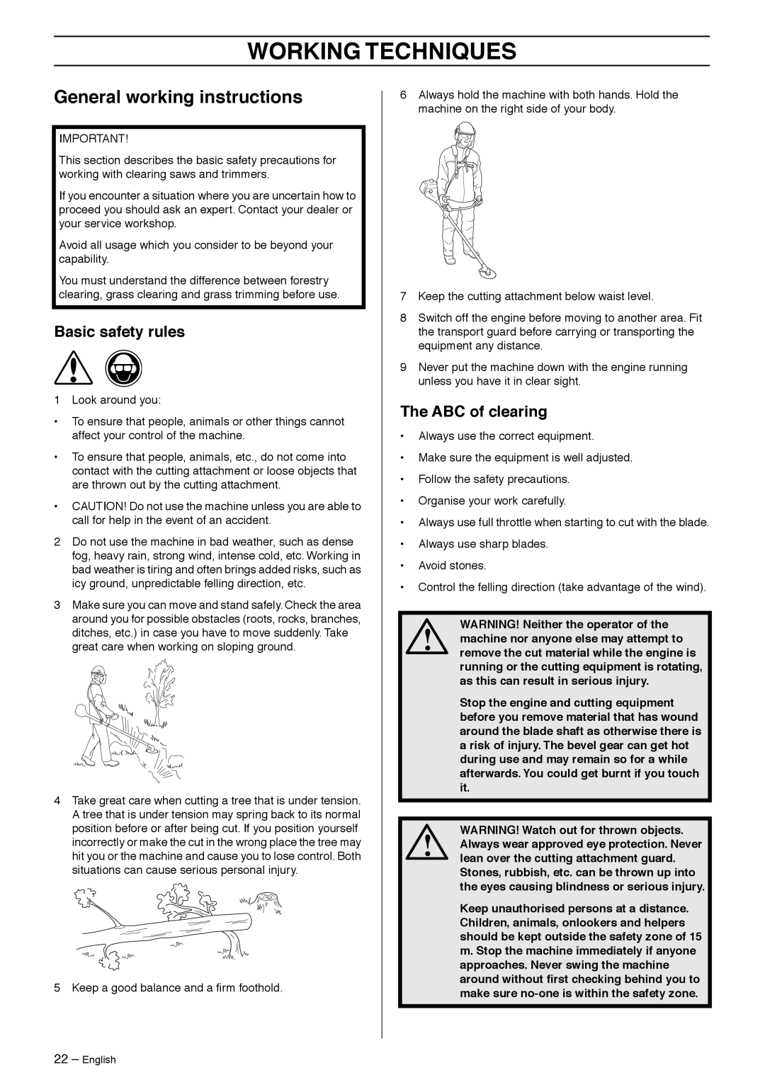 Husqvarna 235R manual Working Techniques, General working instructions, Basic safety rules, ABC of clearing 