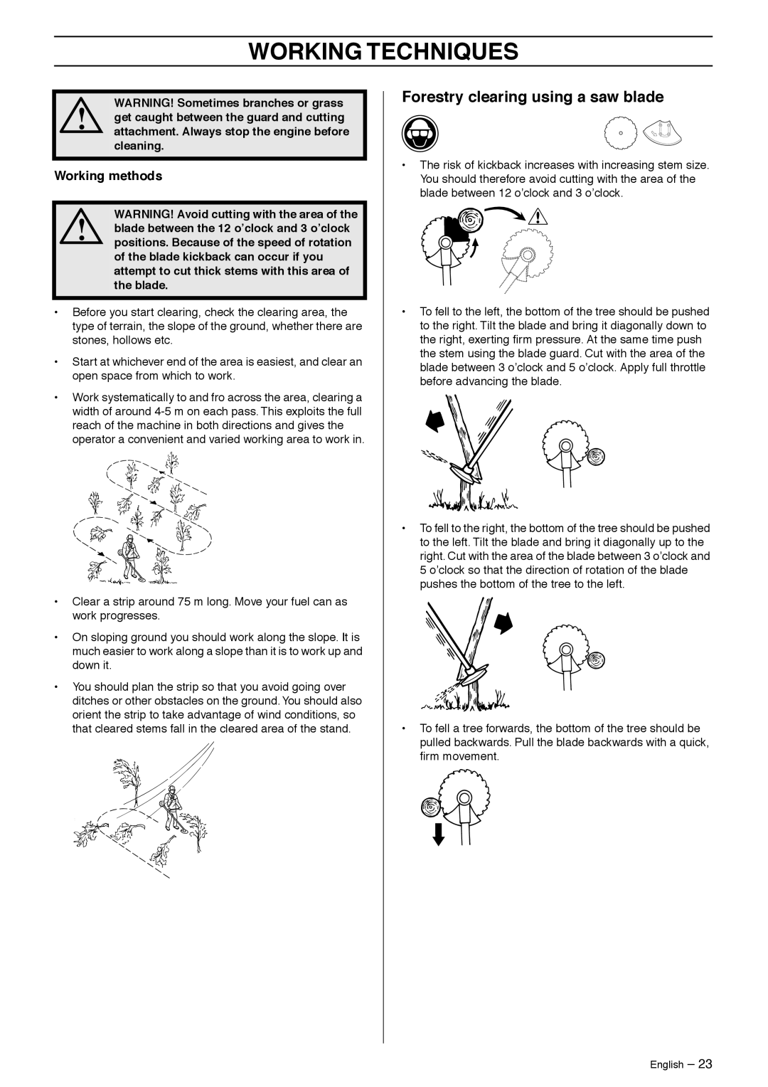 Husqvarna 235R manual Forestry clearing using a saw blade, Working methods 