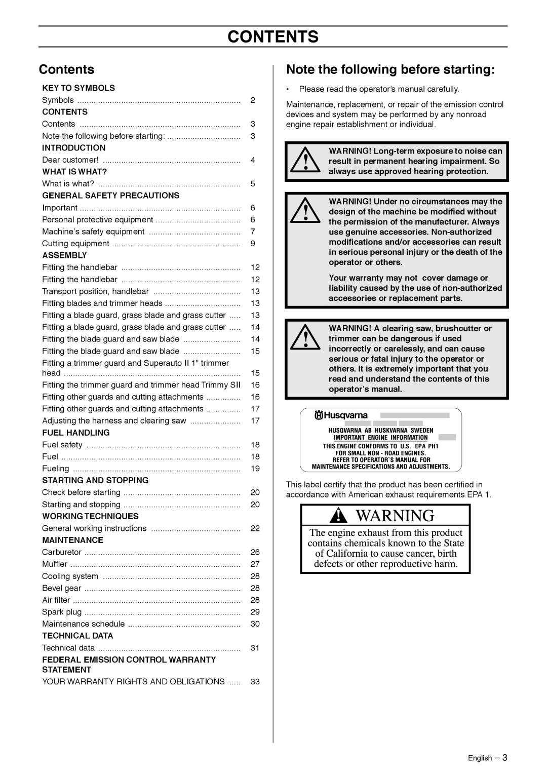 Husqvarna 235R manual Contents 