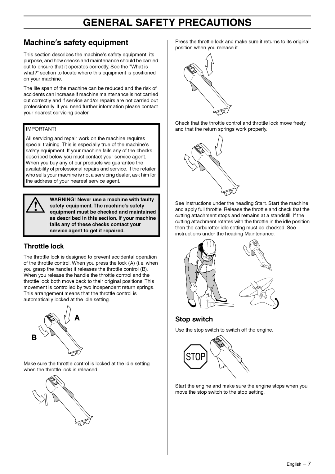 Husqvarna 235R manual Machine′s safety equipment, Throttle lock, Stop switch 