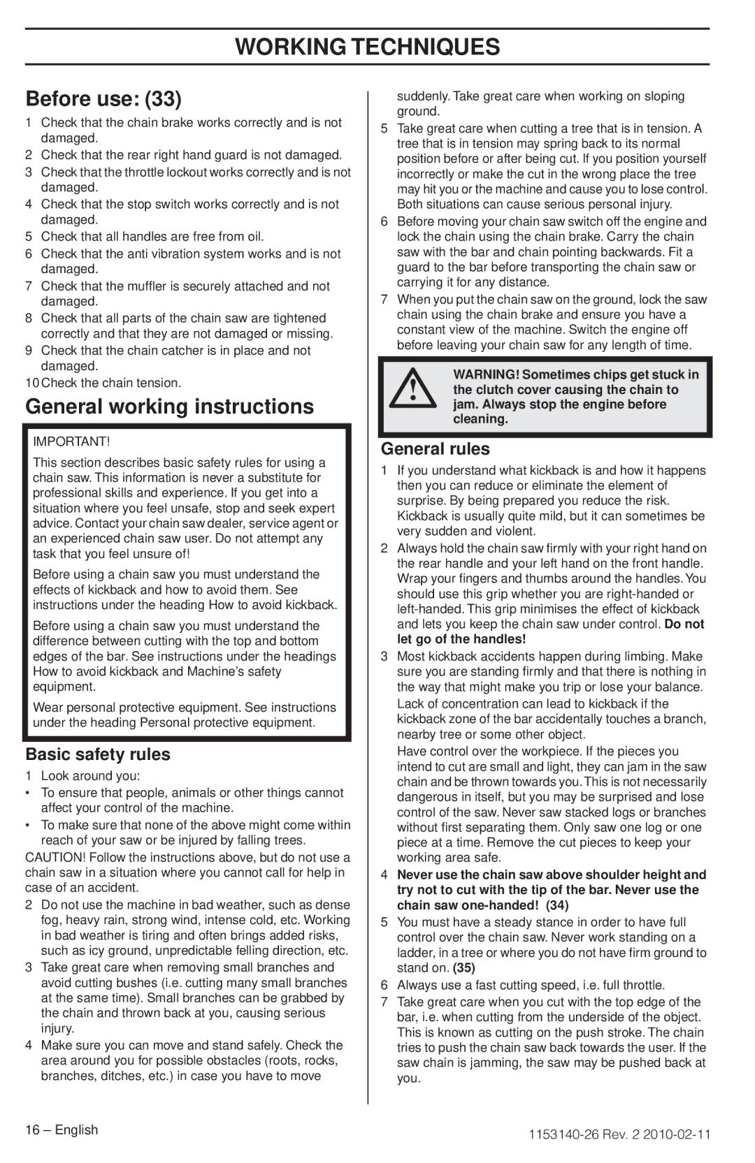 Husqvarna 236E manuel dutilisation Working Techniques, Before use, General working instructions, Basic safety rules 