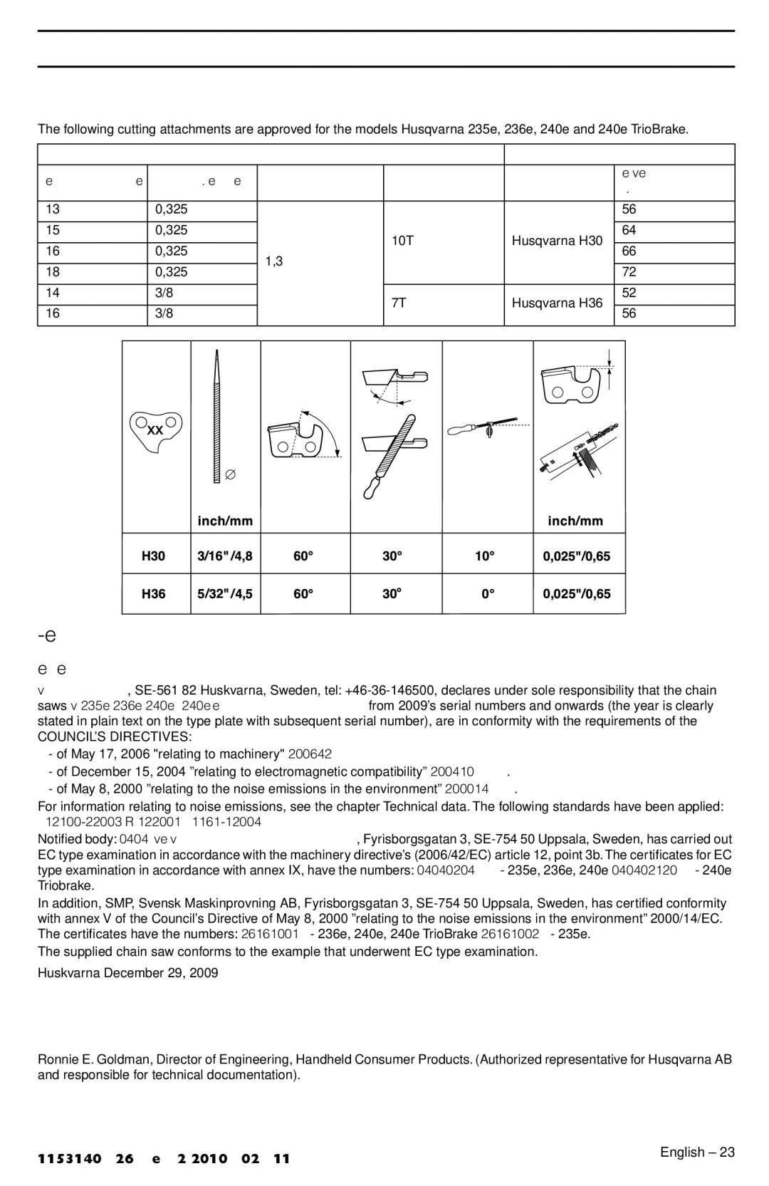 Husqvarna 236E manuel dutilisation Bar and chain combinations, EC-declaration of conformity, Applies to Europe only 