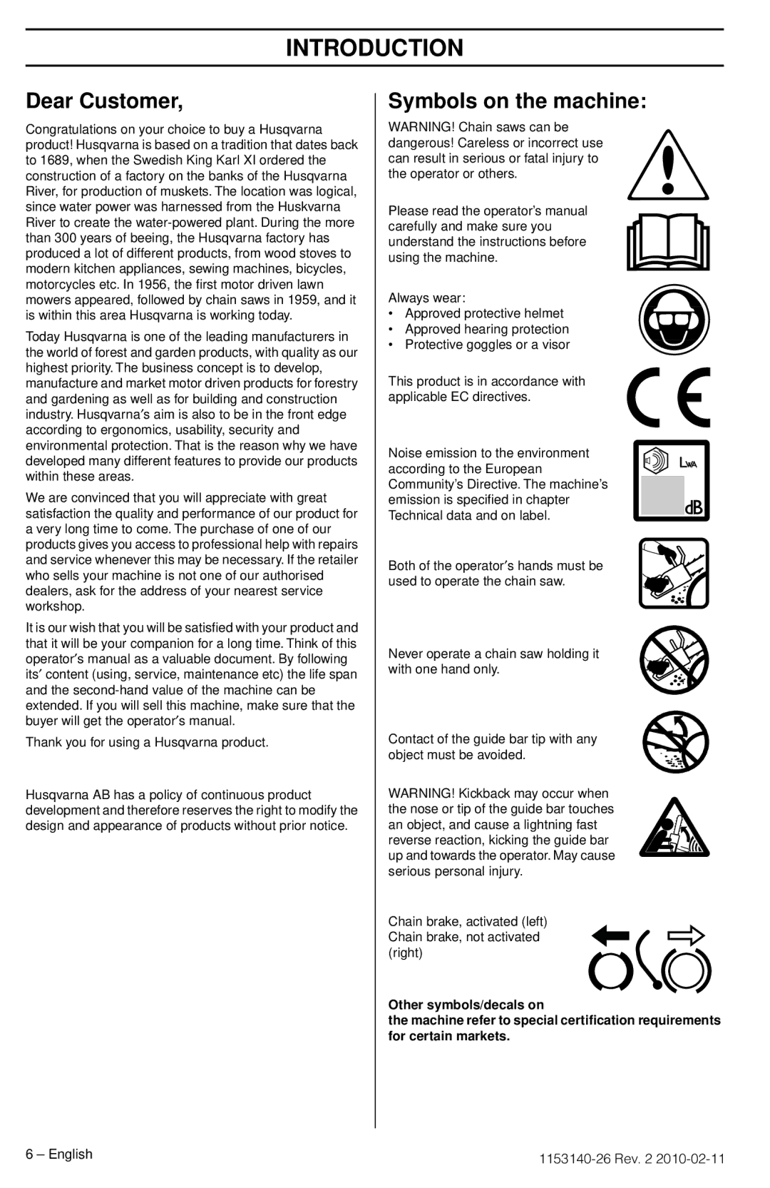 Husqvarna 236E manuel dutilisation Introduction, Dear Customer, Symbols on the machine, English Rev 