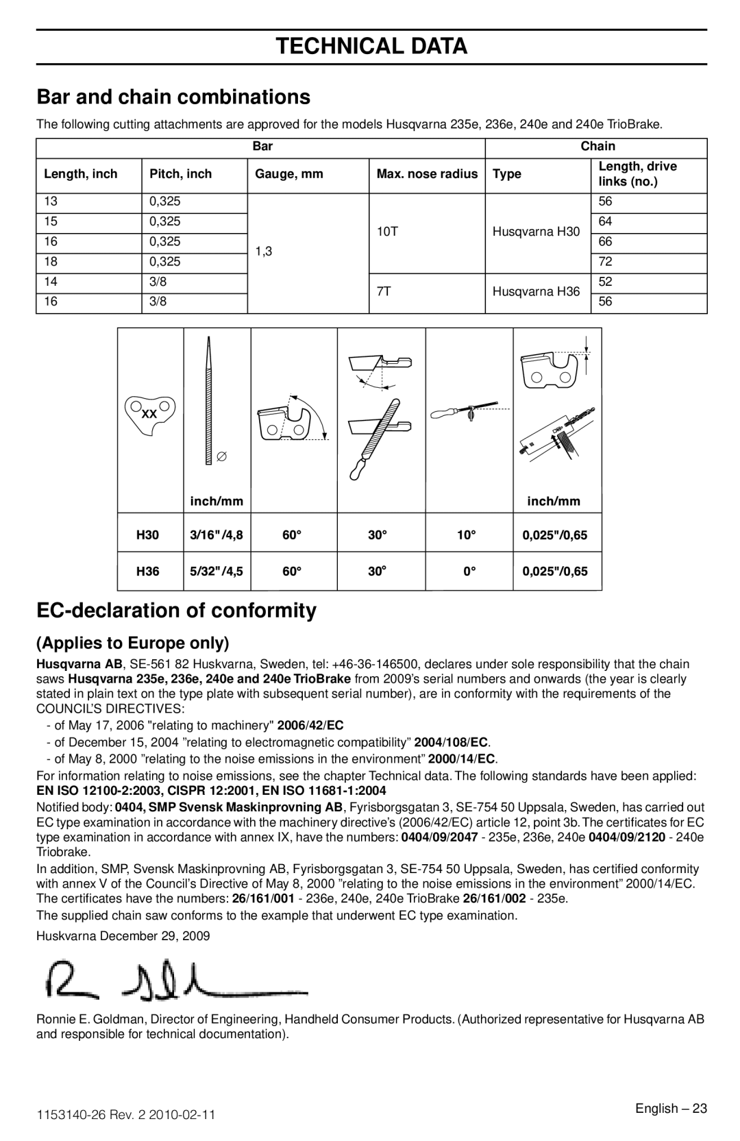 Husqvarna 236E Bar and chain combinations, EC-declarationof conformity, Applies to Europe only, Technical Data 