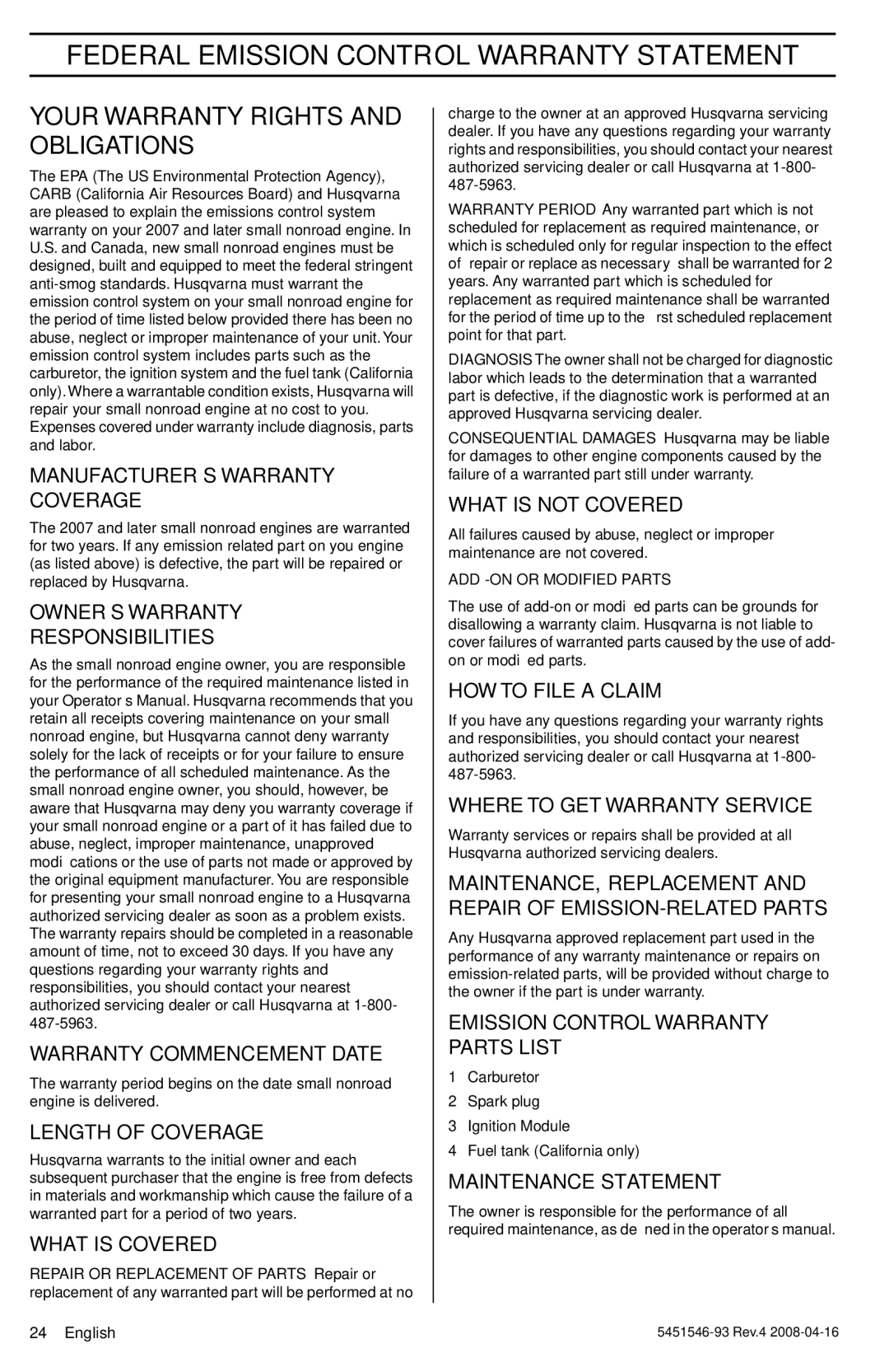 Husqvarna 240, 235 manuel dutilisation Federal Emission Control Warranty Statement, Your Warranty Rights and Obligations 