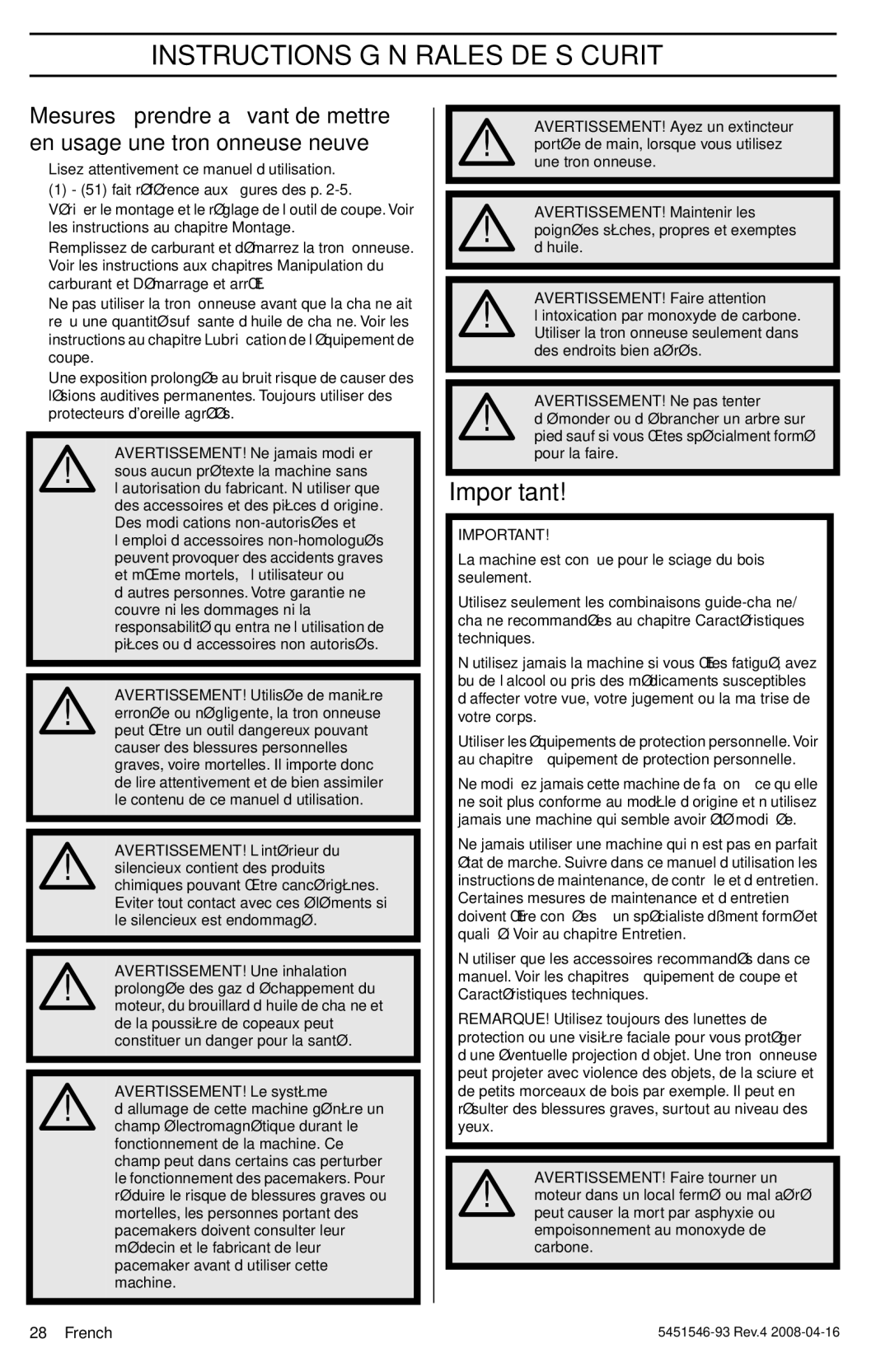 Husqvarna 240, 235 manuel dutilisation Instructions Générales DE Sécurité 