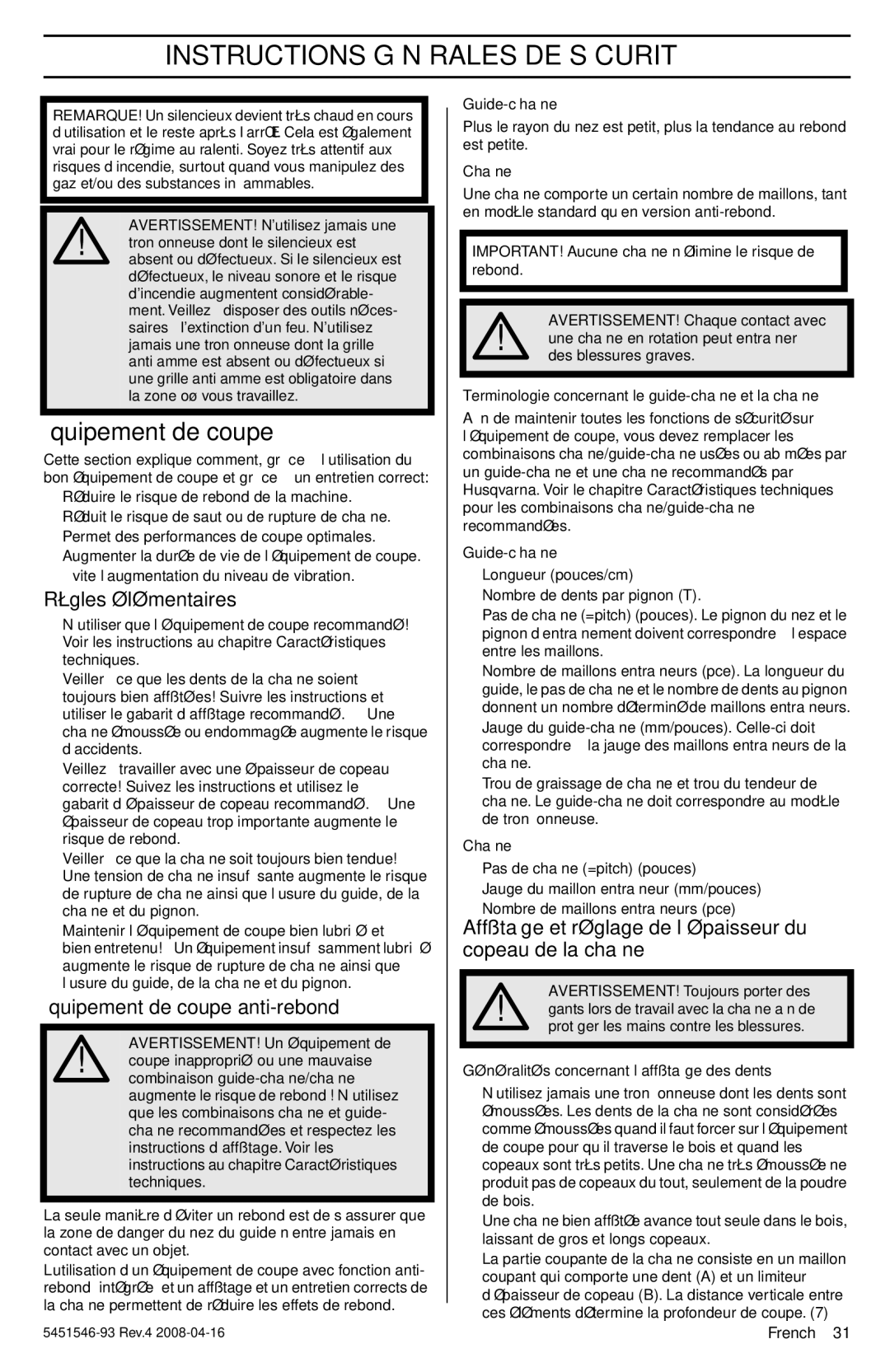 Husqvarna 235, 240 manuel dutilisation Règles élémentaires, Équipement de coupe anti-rebond 