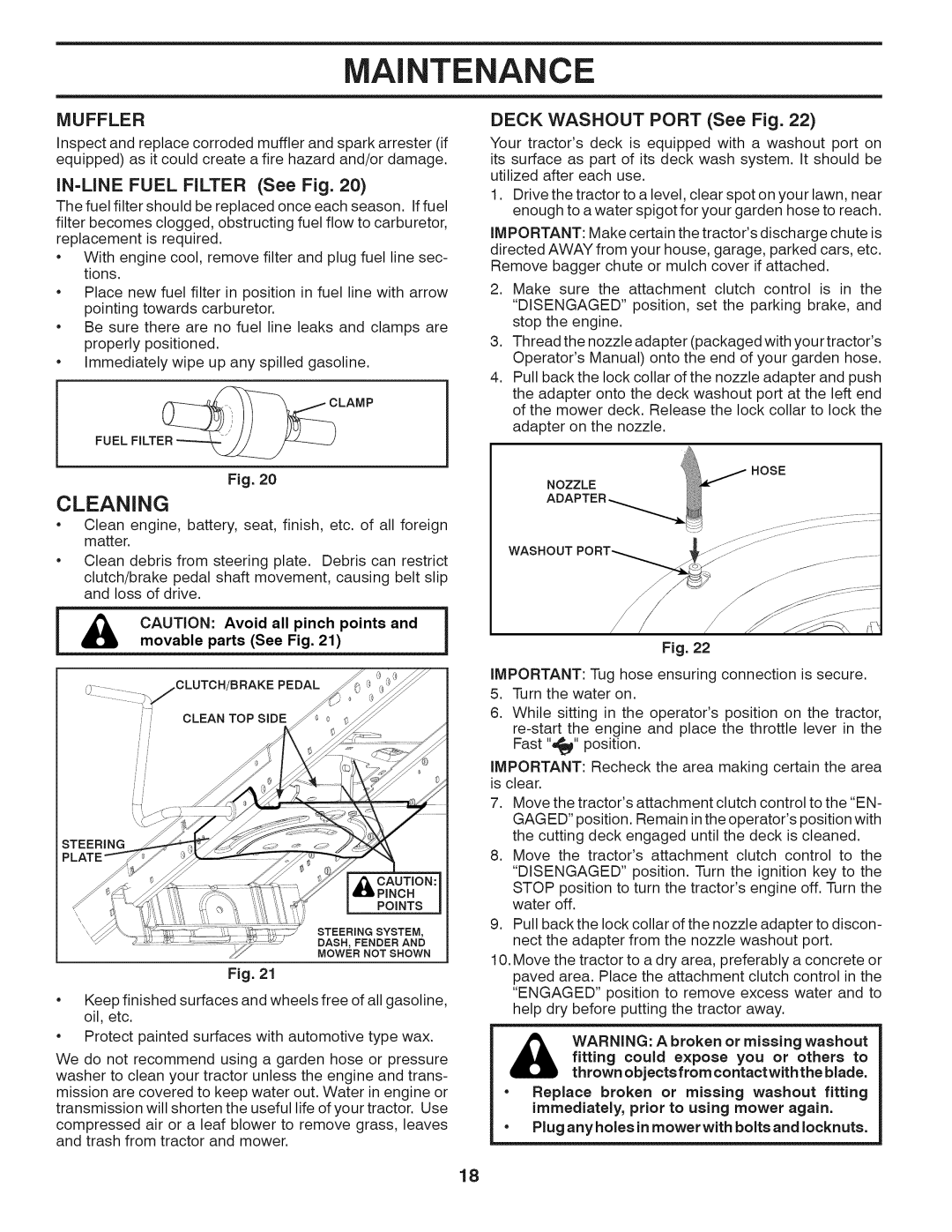 Husqvarna 240440 Cleaning, Muffler, IN=LINE Fuel Filter See Fig, Deck Washout Port See Fig, Movable parts See Fig 