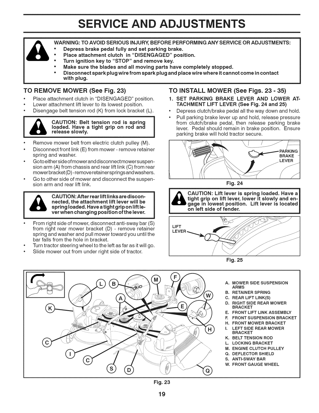 Husqvarna 240440 Service and Adjustments, To Remove Mower See Fig, To Install Mower See Figs, Tachment Lift Lever See 